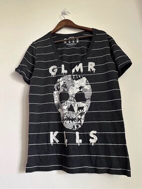 Glamour Kills Charcoal & White Striped Skull V‑Neck Tee